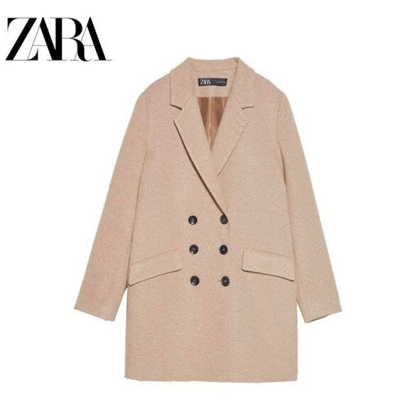 Zara Blazer Double Breasted Peacoat Women's Size Large Beige - Picture 1 of 7